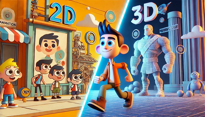 DALL·E 2024-11-20 19.30.39 - A clear and engaging visual comparison between 2D animation and 3D animation. On the left side, depict a hand-drawn style cartoon character in a vibra
