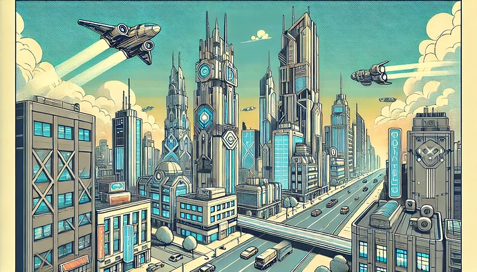 DALL·E 2024-11-25 19.34.11 - A futuristic cityscape depicted in a 2D artistic style, inspired by a 3D model. The scene features towering skyscrapers with geometric designs, flying